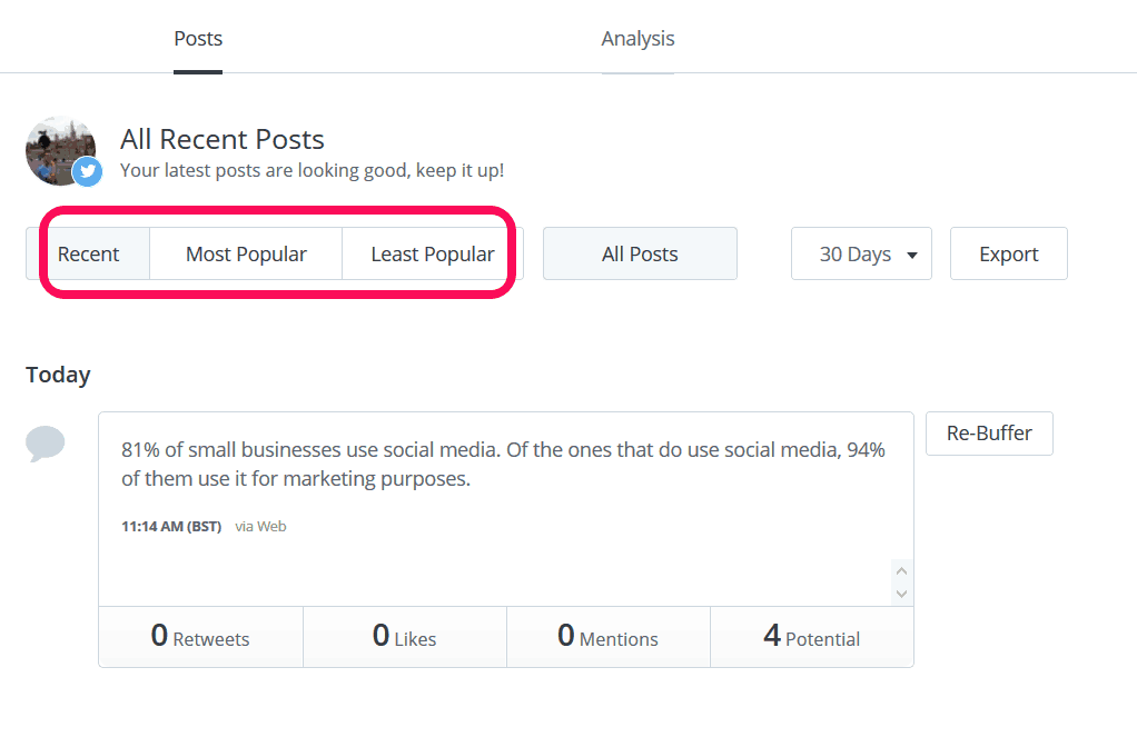 Sort your posts on Buffer based on your tweet performance. 