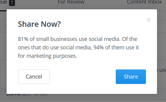 Pop-up confirming that you want to share the post now.