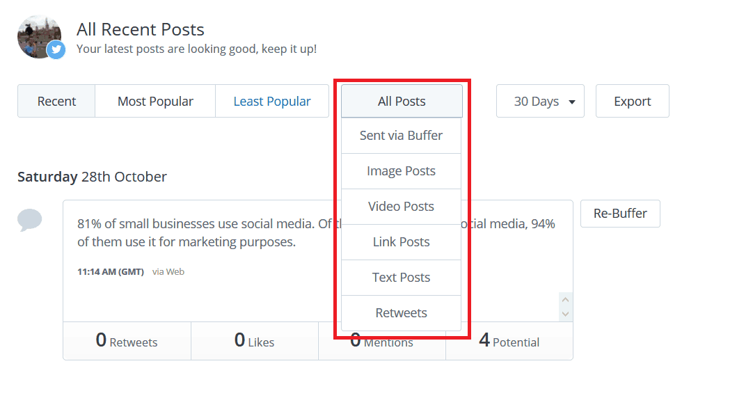 Buffer allows you to sort by type of content you post.