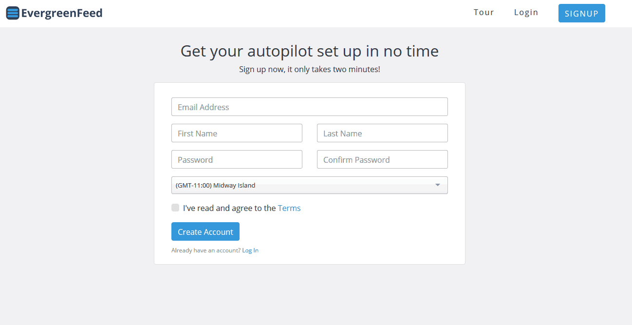 Evergreen Feed signup process is quick.