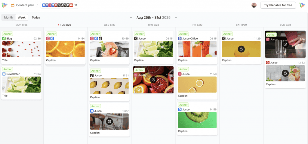 Planable content calendar showing a week of social media posts across multiple channels